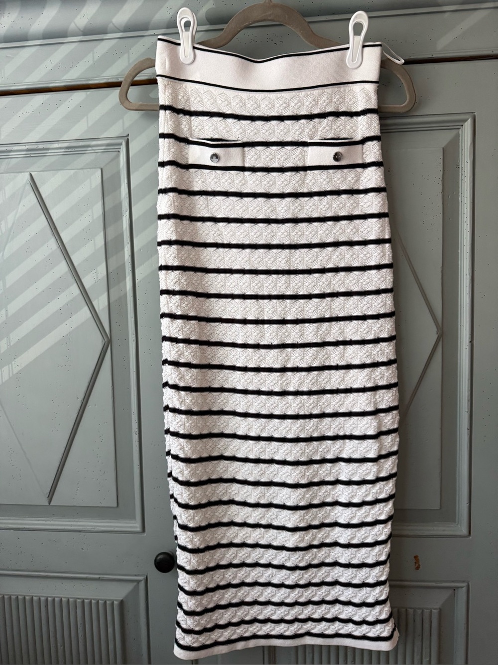 Elie Tahari White and Black Striped Knit Midi Pencil Skirt